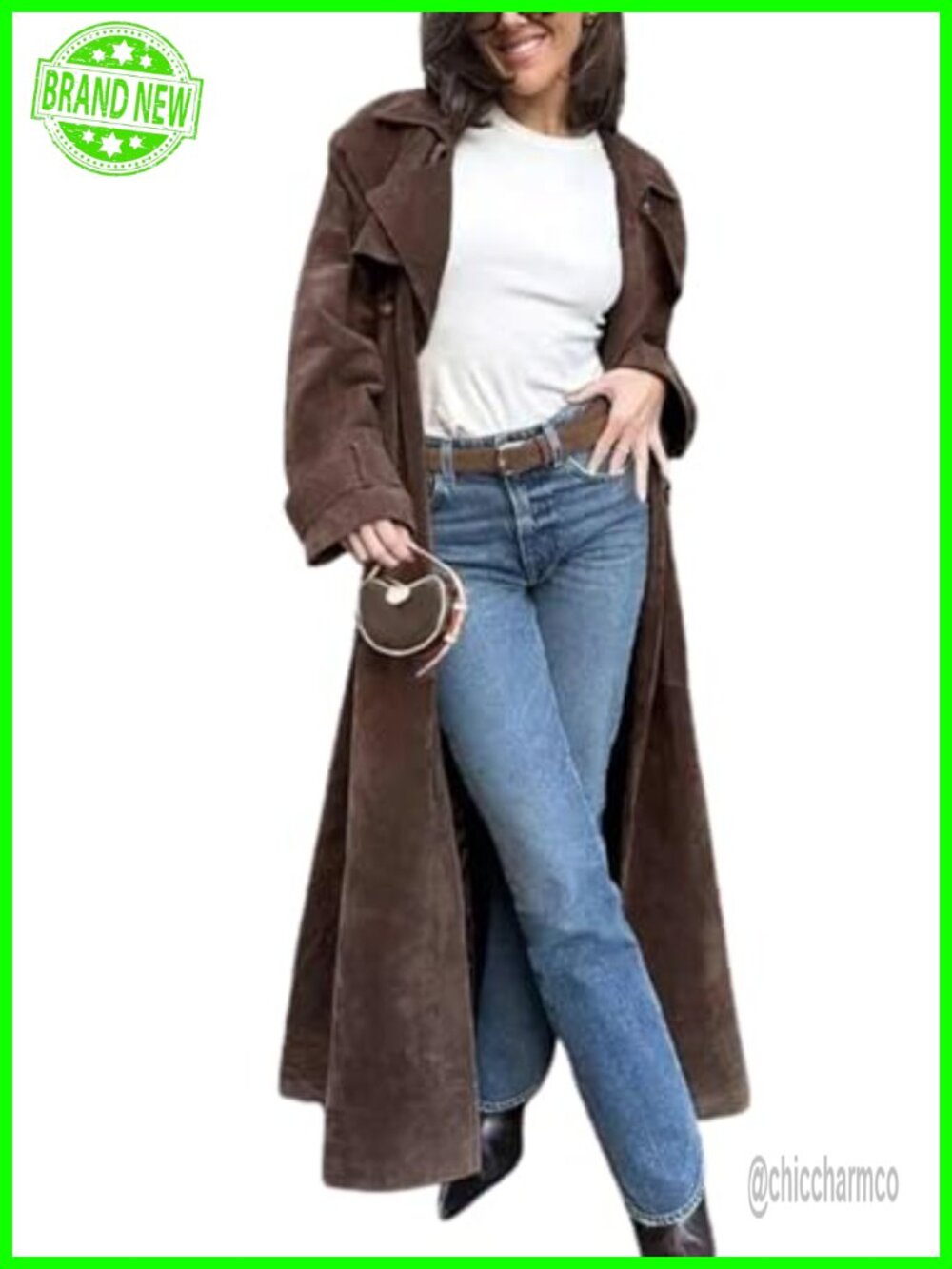 Faux Suede Long Trench Coat Notched Lapel Double Breasted Pea Coat with Belt